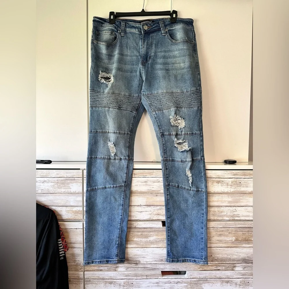 Smoke & Ash Moto Jeans 🔥 Distressed Skinny Denim 34x32 Stretch